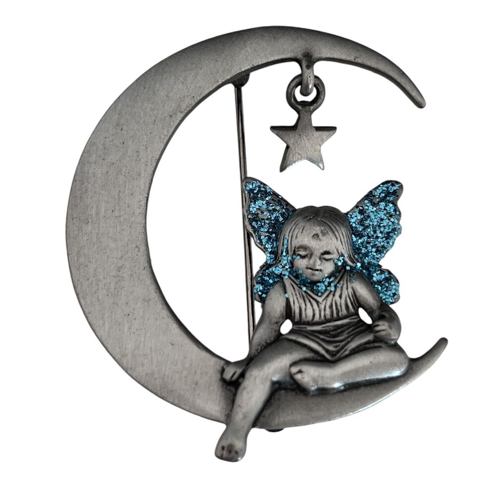 Vintage 1990s Fairy Moon Brooch Glitter Enamel Silver Tone Pin - 8T